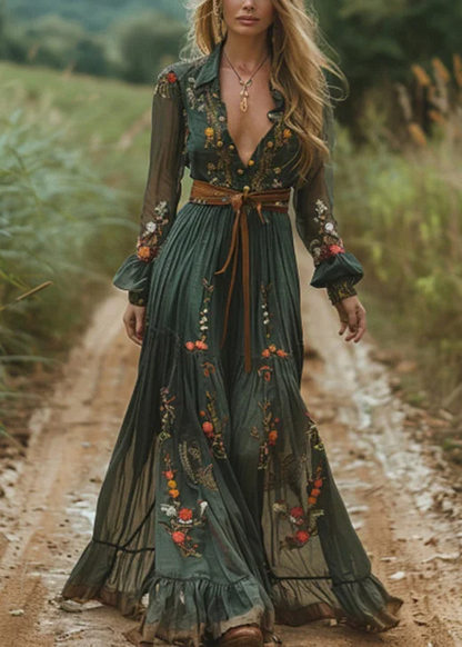 Vestido retro campestre estilo pastoral con cuello en V, estampado floral y mangas largas