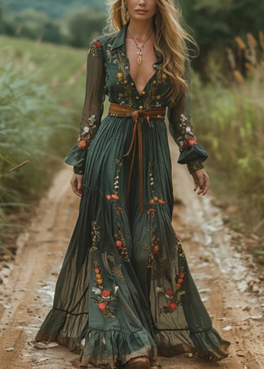 Vestido retro campestre estilo pastoral con cuello en V, estampado floral y mangas largas