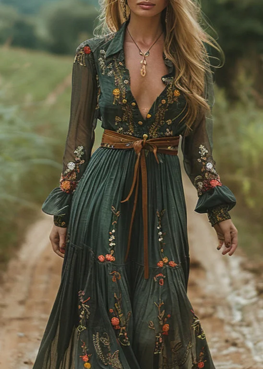 Vestido retro campestre estilo pastoral con cuello en V, estampado floral y mangas largas