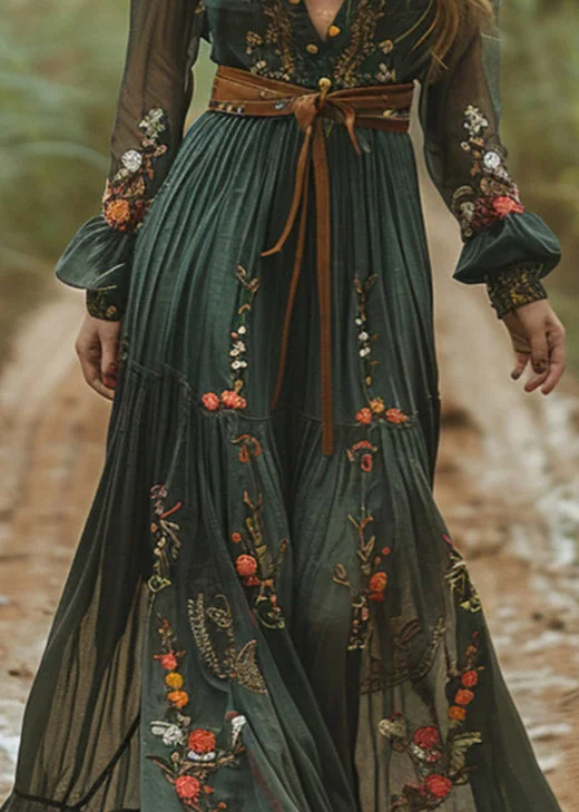 Vestido retro campestre estilo pastoral con cuello en V, estampado floral y mangas largas