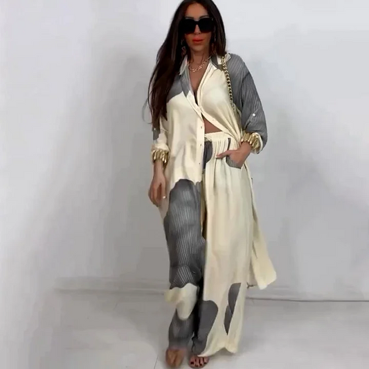 Conjunto de dos piezas de top de largo medio estampado y pantalón de pierna ancha