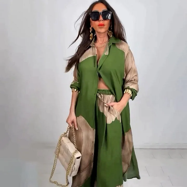 Conjunto de dos piezas de top de largo medio estampado y pantalón de pierna ancha