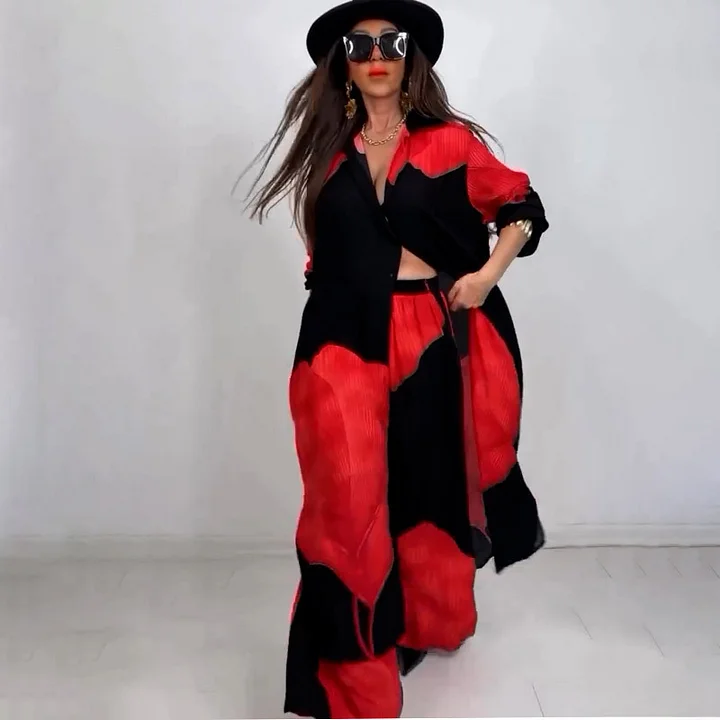Conjunto de dos piezas de top de largo medio estampado y pantalón de pierna ancha