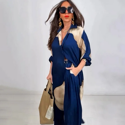Conjunto de dos piezas de top de largo medio estampado y pantalón de pierna ancha