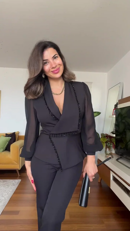 Conjunto de top de malla con cuentas y pantalón ancho para mujer