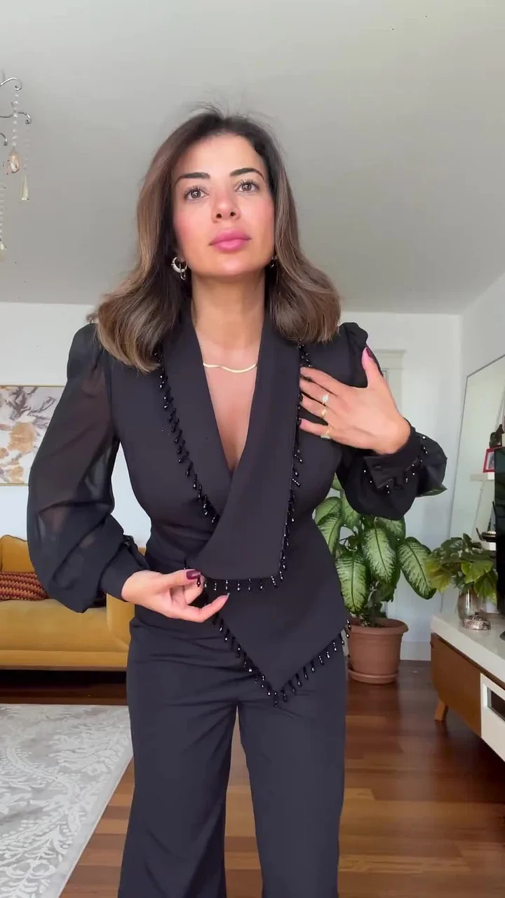 Conjunto de top de malla con cuentas y pantalón ancho para mujer
