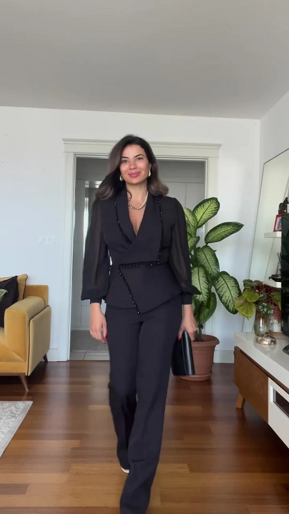 Conjunto de top de malla con cuentas y pantalón ancho para mujer