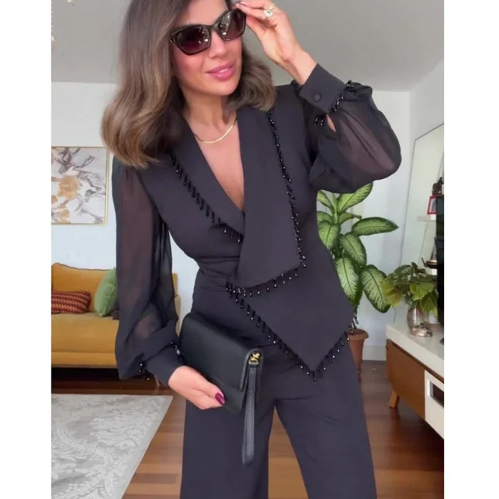 Conjunto de top de malla con cuentas y pantalón ancho para mujer