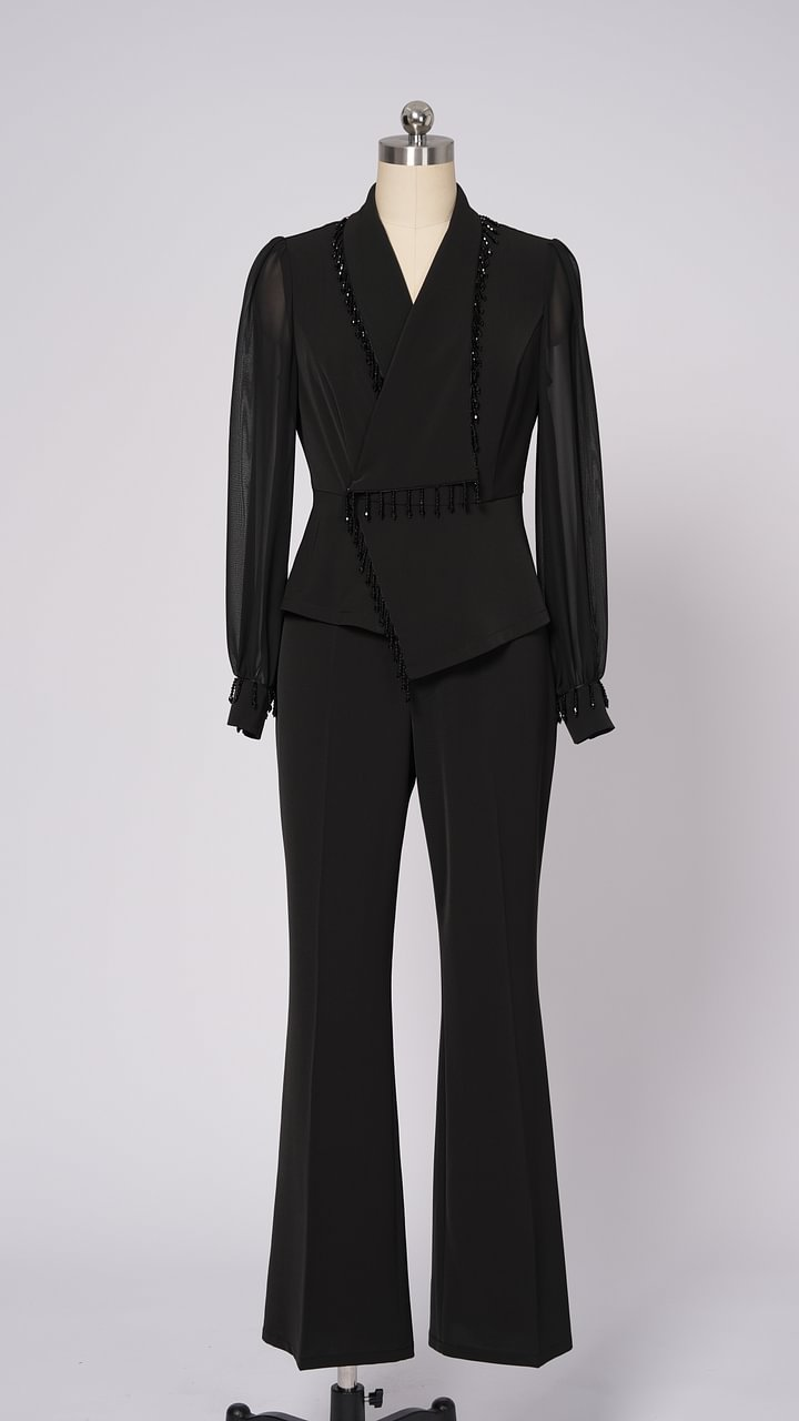 Conjunto de top de malla con cuentas y pantalón ancho para mujer