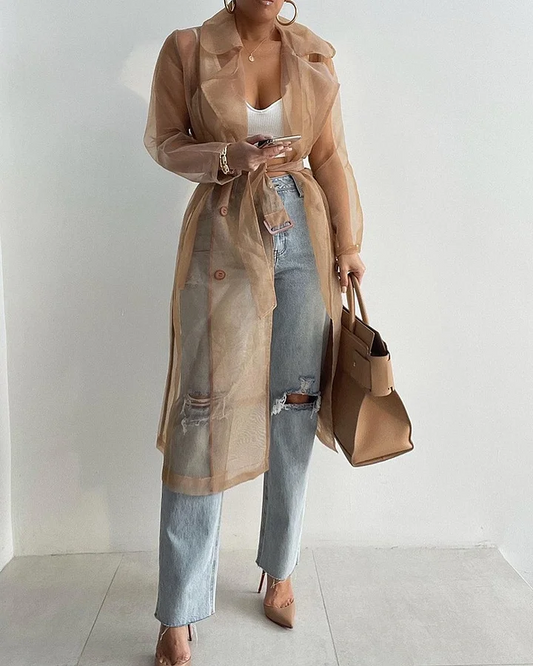 Chaqueta de malla transparente de manga larga, abrigo tipo gabardina larga