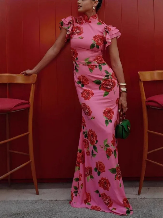 Vestido largo estilo cheongsam con mangas acampanadas y estampado floral de rosas