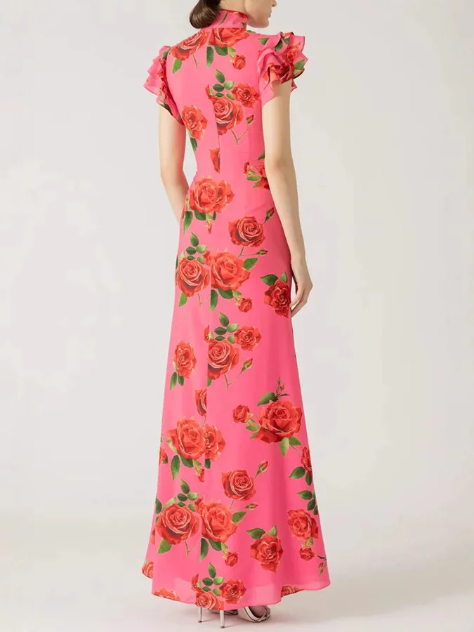 Vestido largo estilo cheongsam con mangas acampanadas y estampado floral de rosas