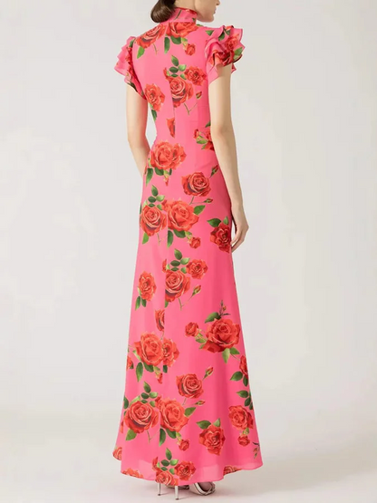 Vestido largo estilo cheongsam con mangas acampanadas y estampado floral de rosas