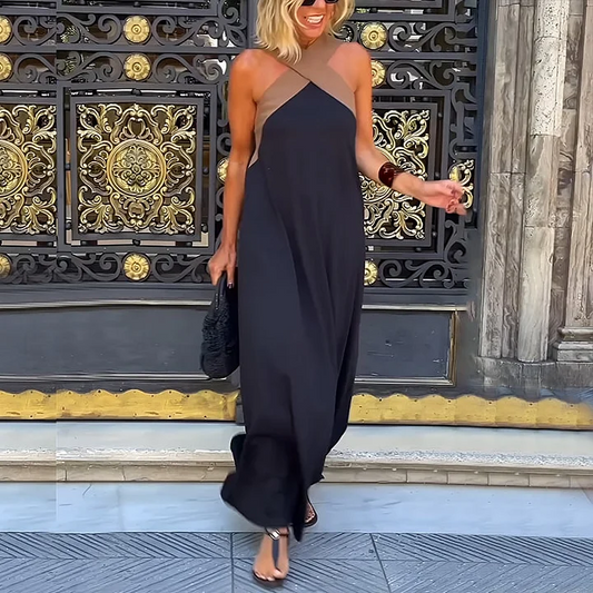 Vestido elegante con espalda cruzada y contraste de color