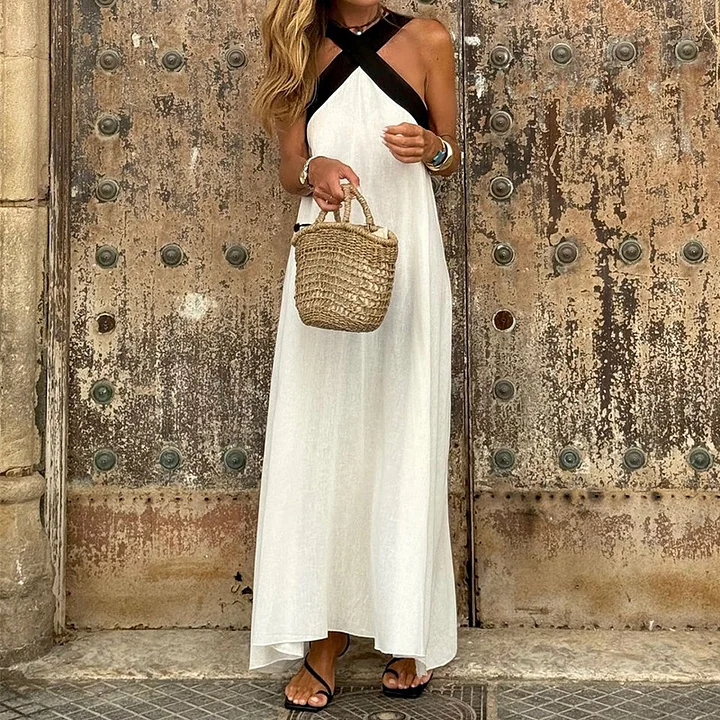 Vestido elegante con espalda cruzada y contraste de color