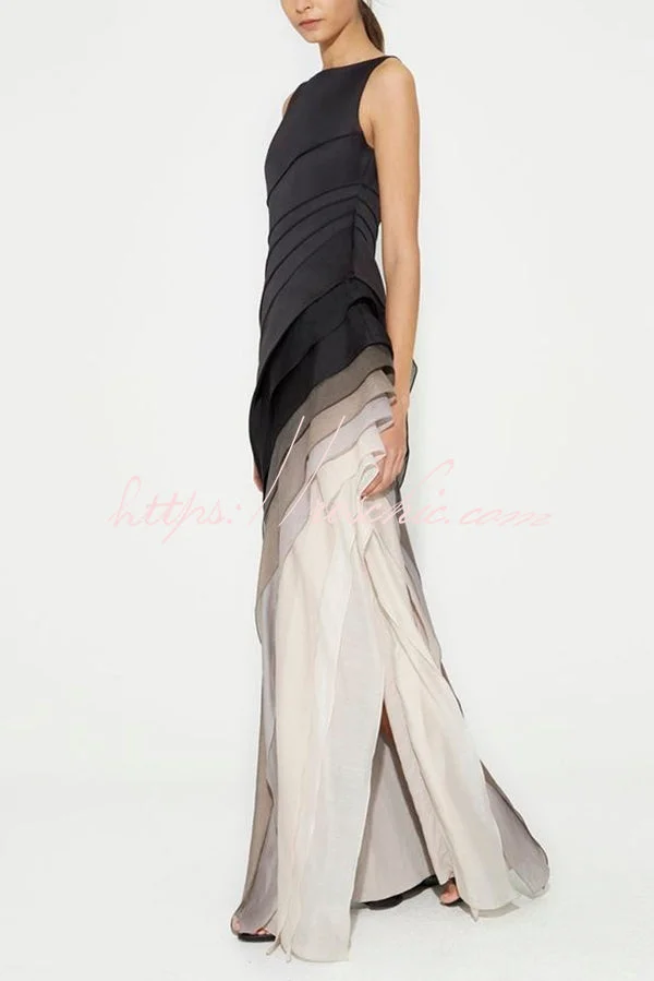 Vestido largo con diseño en cascada y degradado de tul