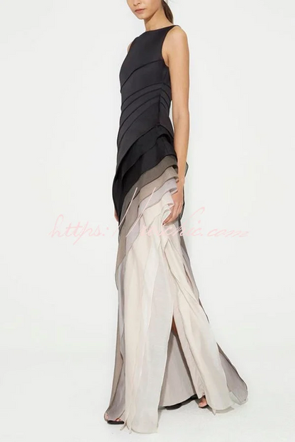 Vestido largo con diseño en cascada y degradado de tul