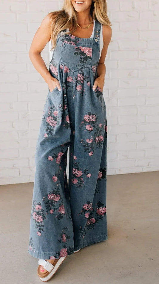 Mono vaquero de pierna ancha con estampado floral